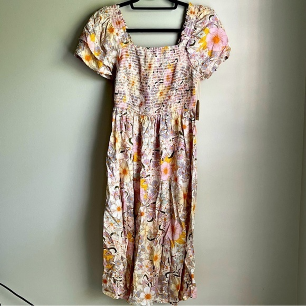 JCPenney Ana Yellow Floral MIDI Dress with Square neck Smocked Torso